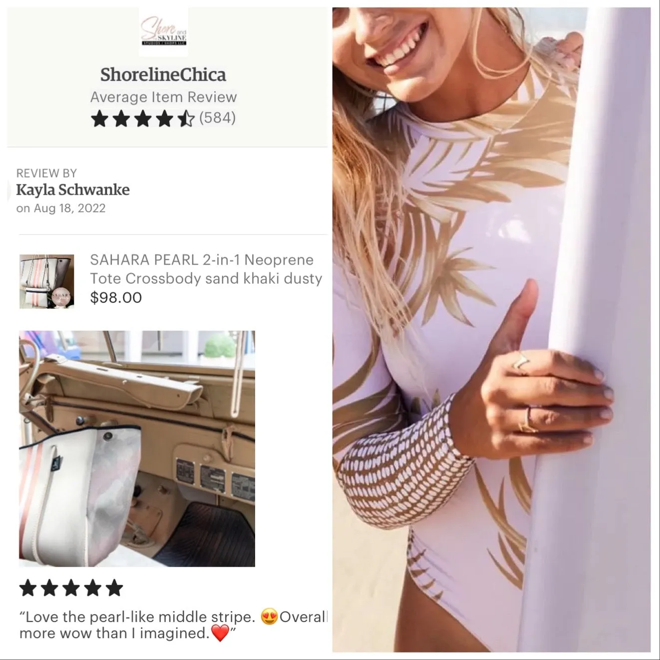 S - XL UPF Rashguard Sunset Palms surfsuit swimsuit cream white chill beige sun-kissed khaki beach pool surf swim women feminine modest