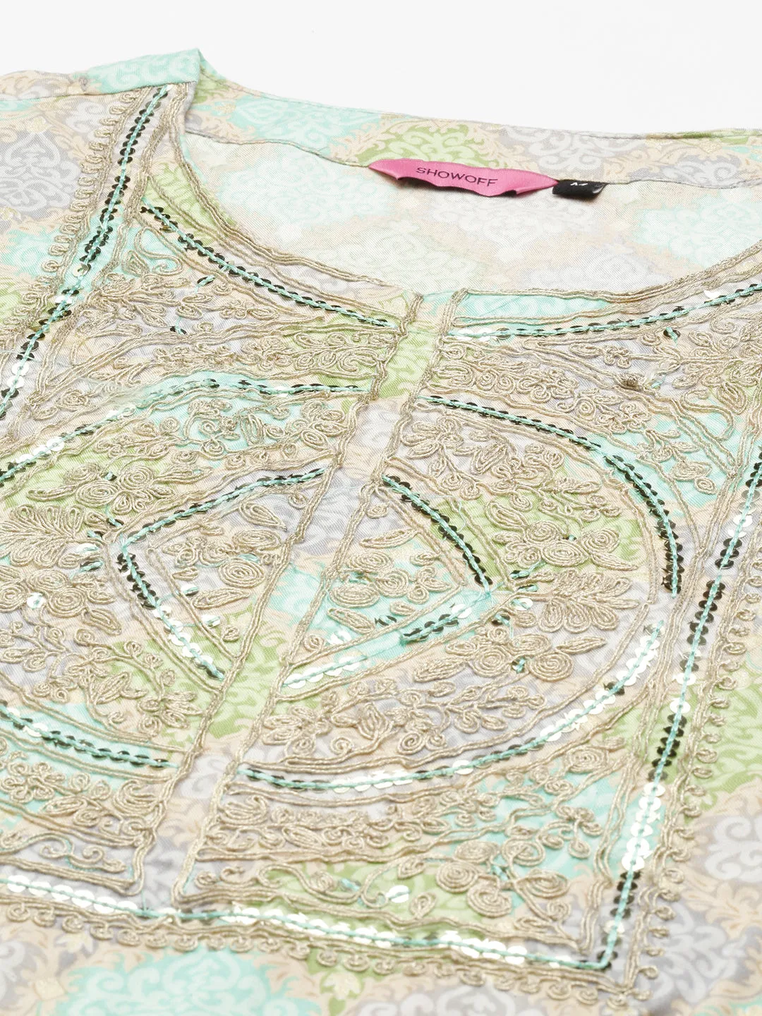 Women Green Colour blocked Empire Chanderi Cotton Kurta Set with Dupatta