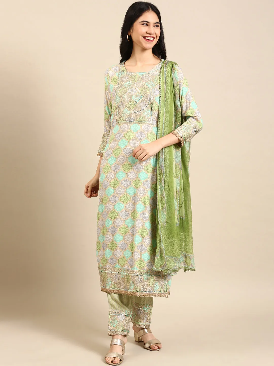 Women Green Colour blocked Empire Chanderi Cotton Kurta Set with Dupatta