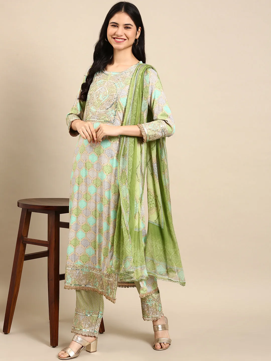 Women Green Colour blocked Empire Chanderi Cotton Kurta Set with Dupatta