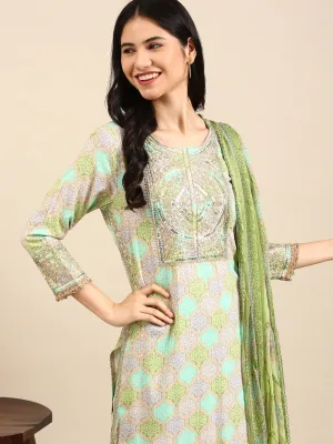 Women Green Colour blocked Empire Chanderi Cotton Kurta Set with Dupatta